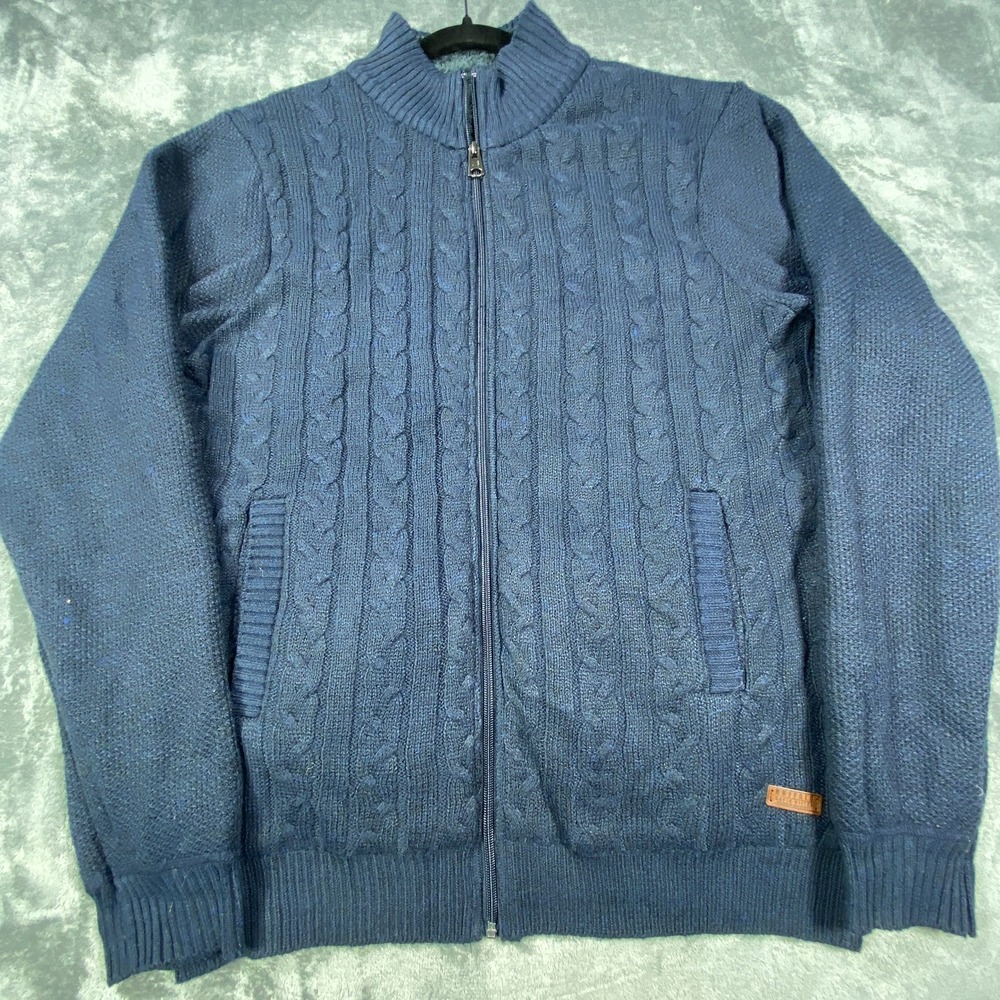 Buffalo David Bitton Sweater Men XL Blue Cable Knit Sherpa Lined Mock Neck Tight